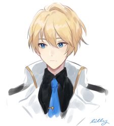 Rule 34 | 1boy, black shirt, blonde hair, blue eyes, blue necktie, closed mouth, commentary, doodle, english commentary, hair between eyes, holostars, jacket, kishido temma, looking to the side, male focus, necktie, riri zuran, shirt, short hair, signature, simple background, solo, upper body, virtual youtuber, white background, white jacket