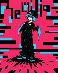 Rule 34 | 1girl, absurdres, alternate costume, bat wings, beanie, black footwear, black hat, black pants, black shirt, blue hair, blue wings, character name, closed mouth, colored skin, commentary request, contemporary, crossed arms, fang, fang out, full body, hat, highres, limited palette, looking at viewer, nehitsuji (syatihokoga), pants, pink background, pointy ears, red eyes, remilia scarlet, shirt, shoes, short hair, sneakers, solo, standing, touhou, v-shaped eyebrows, white skin, wings