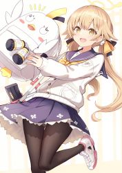 Rule 34 | 1girl, assault rifle, bag, black pantyhose, blonde hair, blue archive, blue skirt, blush, bullpup, closed mouth, commentary request, eyebrows, gun, hair between eyes, hair ribbon, halo, hifumi (blue archive), highres, l85, light brown hair, long hair, looking at viewer, low twintails, open mouth, panties, pantyhose, pantyshot, peroro (blue archive), pleated skirt, ribbon, rifle, sakura ani, school uniform, shoes, simple background, skirt, twintails, underwear, weapon, white panties, yellow eyes