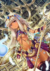 Rule 34 | 1girl, absurdres, breasts, crop top, dark-skinned female, dark skin, fingerless gloves, gloves, grey hair, highres, libra (symbol), libra (zodiac), ling si, looking at viewer, md5 mismatch, midriff, navel, no bra, red eyes, small breasts, solo, tattoo, thighhighs, underboob, weapon, zodiac