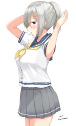 Rule 34 | 10s, 1girl, alternate hairstyle, arms up, blue eyes, blush, breasts, chaa (korone-ze), from side, grey skirt, hair ornament, hairclip, hamakaze (kancolle), high ponytail, highres, kantai collection, large breasts, looking at viewer, looking to the side, neckerchief, no gloves, no legwear, pleated skirt, ponytail, school uniform, serafuku, short hair, short sleeves, silver hair, simple background, skirt, solo, twitter username, white background, yellow neckerchief
