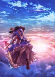 Rule 34 | 1girl, absurdres, bad id, bad pixiv id, blue hair, blue skirt, boots, cloud, cloudy sky, diffraction spikes, floating, food, fruit, hand on headwear, hat, highres, hinanawi tenshi, holding, holding sword, holding weapon, knees up, long hair, looking afar, looking ahead, nke, outdoors, peach, petticoat, red eyes, shirt, skirt, sky, solo, sun, swept bangs, sword, sword of hisou, touhou, twilight, very long hair, weapon, white shirt