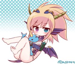 Rule 34 | &gt; &lt;, 1girl, animal, animal ears, bad id, bad pixiv id, bare legs, barefoot, blonde hair, blue dragon (p&amp;d), blue eyes, blue sonia (p&amp;d), chibi, closed eyes, dragon, dragon ears, dragon girl, dragon horns, dragon tail, dragon wings, elbow gloves, fingerless gloves, fins, gloves, halftone, halftone background, head fins, heterochromia, holding, holding animal, horns, jitome, mashiro miru, purple eyes, puzzle &amp; dragons, single horn, soles, solo focus, sonia (p&amp;d), tail, toes, twitter username, vambraces, wings