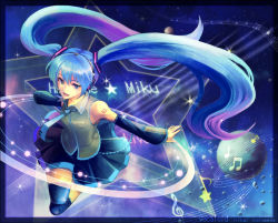 Rule 34 | 1girl, aqua eyes, aqua hair, asato-sagamihara, bad id, bad pixiv id, beamed quavers, character name, detached sleeves, hatsune miku, long hair, musical note, necktie, open mouth, planet, skirt, smile, solo, space, staff (music), thighhighs, treble clef, twintails, very long hair, vocaloid, zettai ryouiki