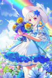 Rule 34 | 1girl, absurdres, animal, animal on shoulder, bare shoulders, bird, blue flower, blue hair, blue rose, blue sky, bouquet, bubble, chick, closed mouth, cloud, commentary request, day, dress, flower, hair flower, hair ornament, hat, highres, holding, holding bouquet, huge filesize, lize helesta, long hair, monocle, multicolored hair, nijisanji, off-shoulder dress, off shoulder, on shoulder, outdoors, pink flower, puffy short sleeves, puffy sleeves, purple eyes, purple flower, rainbow, rose, sebastian piyodore, see-through, short sleeves, sky, smile, sun hat, two-tone hair, very long hair, virtual youtuber, wang man, white dress, white hair, white headwear
