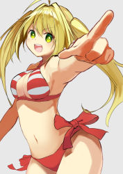 Rule 34 | 1girl, absurdres, ahoge, armpits, bikini, blonde hair, breasts, contrapposto, enzan (b5sni), fate/grand order, fate (series), green eyes, highres, long hair, medium breasts, navel, nero claudius (fate), nero claudius (fate) (all), nero claudius (swimsuit caster) (fate), pointing, pointing at viewer, red bikini, side-tie bikini bottom, solo, swimsuit, teeth, thighs, twintails, upper teeth only, white background