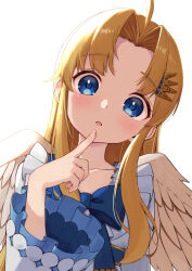 Rule 34 | 1girl, ahoge, blonde hair, blue bow, blue eyes, bow, commentary, feathered wings, finger to own chin, filo (tate no yuusha no nariagari), highres, long hair, looking at viewer, parted lips, quasar631, simple background, solo, tate no yuusha no nariagari, white background, white wings, wings