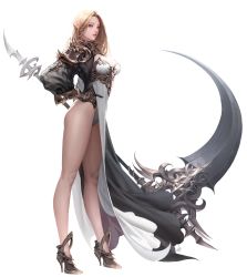 Rule 34 | 1girl, absurdres, armor, blonde hair, blue eyes, breasts, cleavage, daeho cha, dress, elf, from side, full body, gauntlets, hand on own hip, high heels, highres, huge weapon, large breasts, leotard, lips, looking at viewer, original, parted lips, pauldrons, photoshop (medium), pointy ears, scythe, shoulder armor, side slit, simple background, solo, weapon, white background