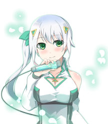 Rule 34 | 1girl, absurdres, bare shoulders, bow, breasts, cleavage, collared jacket, detached sleeves, green bow, green eyes, hair bow, hair ornament, hairclip, highres, hizuki miu, hizukichi (windplay), jacket, large breasts, long hair, microphone, ponytail, sleeveless, sleeveless jacket, solo, virtual youtuber, wactor production, white background, white hair, white sleeves