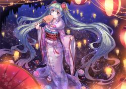 Rule 34 | 1girl, absurdly long hair, aqua hair, beads, blue eyes, blush, candle, candlelight, cityscape, earrings, floating hair, floral print, flower, from above, full body, hair flower, hair ornament, hand fan, hatsune miku, japanese clothes, jewelry, kimono, lampion, lantern on liquid, light, long hair, looking at viewer, looking up, miazi, night, night sky, paper fan, paper lantern, parasol, reflection, ribbon, sash, sky, smile, solo, standing, standing on liquid, star (sky), starry sky, uchiwa, umbrella, very long hair, vocaloid, water, wax, white legwear, wide sleeves
