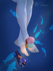Rule 34 | 1girl, absurdres, blue background, blue footwear, chinese commentary, commentary request, crossed legs, dated, feet, food, foot focus, genshin impact, highres, holding, holding food, holding with feet, ice cream, ice cream cone, jewelry, legs, lens flare, melting, out of frame, sandals, sangonomiya kokomi, shadow, shiny clothes, signature, stirrup legwear, toe ring, toeless legwear, toes, triple scoop, unworn sandal, unworn sandals, waffle cone, white legwear, xhb