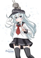 Rule 34 | 1girl, 1other, absurdres, anchor symbol, artist name, black sailor collar, black skirt, black thighhighs, blue eyes, creature on head, dated, feet out of frame, flat cap, hair between eyes, hat, hibiki (kancolle), highres, kantai collection, long hair, long sleeves, looking at viewer, masara (chuujou), neckerchief, one-hour drawing challenge, pleated skirt, red neckerchief, rensouhou-chan, sailor collar, school uniform, serafuku, silver hair, skirt, sparkle background, thighhighs, twitter username, v, white background
