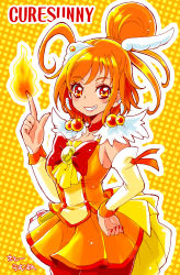 Rule 34 | 10s, 1girl, ahoge, bike shorts, bike shorts under skirt, blush, bow, breasts, character name, choker, cure sunny, earrings, feather hair ornament, feathers, fire, fire, grin, hair bun, hair ornament, hand on own hip, highres, hino akane (smile precure!), jewelry, lips, magical girl, medium breasts, nail polish, orange hair, orange skirt, orange theme, precure, ramune02, red bow, red eyes, red shorts, short hair, shorts, shorts under skirt, sideboob, single hair bun, skirt, smile, smile precure!, solo, tiara