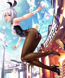 Rule 34 | 1girl, amamiya shisui, animal ears, armpits, ass, bare shoulders, black footwear, blue sky, breasts, brown eyes, cloud, commentary, day, detached collar, fake animal ears, feet, female focus, full body, high heels, highres, leotard, lilith-soft, looking at viewer, looking back, medium breasts, official art, outdoors, pantyhose, petals, playboy bunny, rabbit ears, rabbit tail, sano toshihide, shiny clothes, shoes, single shoe, sky, solo, strapless, strapless leotard, stuffed animal, stuffed toy, tail, taimanin (series), taimanin asagi kessen arena, thighs, white hair, wrist cuffs