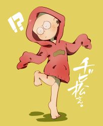 Rule 34 | !?, amazou, bald, blush, bottomless, chibita, cosplay, highres, hood, hoodie, implied yaoi, leg up, looking to the side, male focus, matsu symbol, matsuno osomatsu, matsuno osomatsu (cosplay), osomatsu-san, osomatsu (series), oversized clothes, red hoodie, sleeves past fingers, sleeves past wrists, yellow background