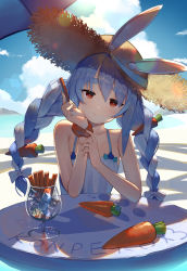 Rule 34 | 1girl, :/, absurdres, alternate costume, animal ear fluff, animal ears, bare arms, bare shoulders, blue hair, blush, bow, braid, brown hat, brown scrunchie, carrot, carrot hair ornament, closed mouth, commentary request, day, dress, ears through headwear, food, food-themed hair ornament, hair bow, hair ornament, hat, head tilt, heart, heart-shaped pupils, highres, holding, holding food, hololive, long hair, looking at viewer, multicolored hair, outdoors, rabbit ears, red eyes, romaji text, scottie (phantom2), scrunchie, short eyebrows, sleeveless, sleeveless dress, solo, straw hat, sweat, symbol-shaped pupils, table, thick eyebrows, twin braids, twintails, two-tone hair, usada pekora, virtual youtuber, white bow, white dress, white hair, wrist scrunchie