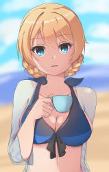 Rule 34 | 1girl, absurdres, beach, bikini, blonde hair, blue bikini, blue eyes, blue sky, bow, bow bikini, braid, braided bun, breasts, cleavage, cloud, cloudy sky, commentary, cup, darjeeling (girls und panzer), day, english commentary, girls und panzer, hair bun, halterneck, highres, holding, holding cup, horizon, long sleeves, looking at viewer, medium breasts, naisu (nai su01), ocean, official alternate costume, open mouth, outdoors, short hair, sky, smile, solo, swimsuit, swimsuit cover-up, teacup, twin braids, upper body