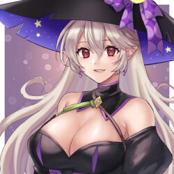 Rule 34 | 1girl, bare shoulders, black dress, bow, breasts, cleavage, commentary request, corrin (female) (fire emblem), corrin (fire emblem), dress, earrings, fire emblem, fire emblem fates, fire emblem heroes, grey hair, grin, halloween, halloween costume, hat, hat bow, hazuki (nyorosuke), jewelry, large breasts, long hair, looking at viewer, nintendo, off-shoulder dress, off shoulder, official alternate costume, pointy ears, puffy sleeves, purple bow, purple hat, red eyes, smile, solo, upper body, very long hair, witch, witch hat