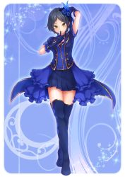 Rule 34 | 10s, 1girl, arm behind head, arm up, blue background, blue bow, blue coat, blue collar, blue flower, blue footwear, blue gloves, blue hair, blue rose, blue shirt, blue skirt, blue thighhighs, boots, bow, breasts, cleavage, closed mouth, coat, coattails, collar, crescent moon symbol, crossed legs, earrings, elbow gloves, feather hair ornament, feathers, finger to face, flower, frilled shirt, frills, full body, gloves, hair bow, hair flower, hair ornament, hayami kanade, high heel boots, high heels, highres, idolmaster, idolmaster cinderella girls, jewelry, looking at viewer, medium breasts, miniskirt, overskirt, parted bangs, pleated skirt, poroze, rose, shirt, short hair, short sleeves, skirt, smile, solo, sparkle, standing, thigh boots, thighhighs, tsurime, yellow eyes