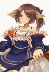 Rule 34 | 1girl, :d, animal ears, arknights, bare shoulders, blue bow, blue dress, blush, bow, breasts, brown eyes, brown hair, collarbone, cowboy shot, dress, flower, flower trim, fox ears, hair bow, holding, holding staff, layered dress, long hair, long sleeves, looking at viewer, nanatsuka, open mouth, outstretched arm, perfumer (arknights), ponytail, rose, simple background, small breasts, smile, solo, staff, swept bangs, white background, white dress, white flower, white rose