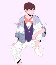 Rule 34 | 1boy, artist name, bad id, bad instagram id, brown hair, cloud print, collarbone, crescent, foot out of frame, glasses, highres, invisible chair, katsuki yuuri, knee up, looking to the side, male focus, meyoco, orange shirt, pants, print pants, print shirt, shirt, short hair, sitting, smile, solo, wave print, white pants, yuri!!! on ice