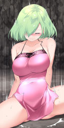 Rule 34 | 1girl, blush, breasts, covered navel, dress, fallen down, green hair, hair over one eye, highres, lace trim, large breasts, legs apart, li zhiheng, livia (my harem grew so large i was forced to ascend), mole, mole on breast, my harem grew so large i was forced to ascend, no bra, no panties, one eye covered, pelvic curtain, pink dress, shiny clothes, short hair, side slit, tagme, thighs