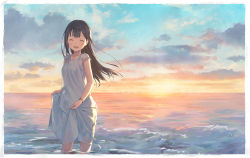 Rule 34 | 1girl, black hair, closed eyes, clothes lift, cloud, dress, dress lift, facing viewer, lifted by self, long hair, open mouth, original, outdoors, shouin, solo, standing, sunset, water