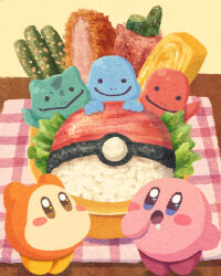 Rule 34 | asparagus, bacon, bento, blue eyes, brown eyes, bulbasaur, charmander, closed mouth, commentary request, creatures (company), crossover, ditto, food, game freak, gen 1 pokemon, highres, katsu (food), kirby, kirby (series), looking at viewer, miclot, nintendo, nori (seaweed), omelet, open mouth, poke ball print, pokemon, rice, saliva, smile, sparkling eyes, squirtle, tamagoyaki, towel, transformed ditto