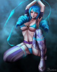 Rule 34 | 1girl, blue hair, bra, breasts, cleavage, deco, drill hair, gwen (league of legends), highres, league of legends, thighhighs, twin drills, twintails, underwear