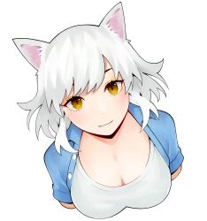 Rule 34 | 1girl, absurdres, animal ear fluff, animal ears, black hanekawa, blue shirt, blush, bob cut, breasts, cat ears, cleavage, commentary, cropped arms, cropped torso, eyelashes, flipped hair, from above, hanekawa tsubasa, highres, large breasts, light blush, looking up, messy hair, monogatari (series), nekomonogatari, nekomonogatari white, open clothes, open shirt, overshirt, parted lips, piancaesar, romaji commentary, scoop neck, shirt, short hair, short sleeves, simple background, slit pupils, smile, swept bangs, white background, white hair, white shirt, yellow eyes