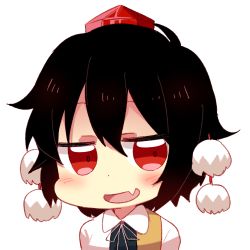 Rule 34 | 1girl, 6 (yuchae), :d, ahoge, black hair, blush, collared shirt, deformed, fang, hat, jitome, looking at viewer, lowres, open mouth, pom pom (clothes), red eyes, shameimaru aya, shirt, smile, solo, tokin hat, touhou