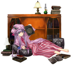 Rule 34 | 1girl, barefoot, book, feet, female focus, hat, nabeshima tetsuhiro, necronomicon, patchouli knowledge, pillow, purple hair, solo, touhou