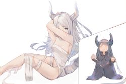 Rule 34 | + +, 2girls, arms up, bandaged leg, bandages, bare arms, black cloak, black vs white, blue eyes, breasts, cleavage, cloak, closed mouth, commentary request, covered navel, holding bandages, horns, long hair, looking at viewer, medium breasts, multiple girls, naked bandage, original, sitting, tota (sizukurubiks), white hair