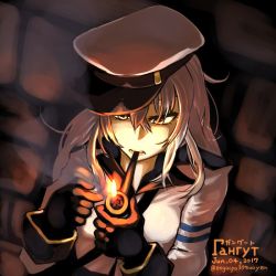 Rule 34 | 10s, 1girl, against wall, black gloves, dated, engacyo (engacyo39800yen), gangut (kancolle), gloves, hat, holding, holding smoking pipe, kantai collection, lighting pipe, long hair, long sleeves, matches, peaked cap, pipe in mouth, red eyes, silver hair, smoking pipe, solo, stone wall, twitter username, wall
