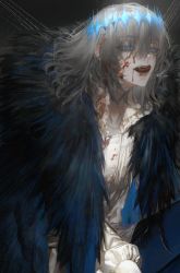 Rule 34 | 1boy, au (d elete), bishounen, blood, blood on clothes, blood on face, blue eyes, blue pants, cloak, collared shirt, commentary, cowboy shot, crown, eyes visible through hair, fate/grand order, fate (series), grey hair, hair between eyes, highres, long bangs, long hair, long sleeves, looking at viewer, male focus, oberon (fate), oberon (third ascension) (fate), pants, revision, shirt, sitting, solo, spoilers, tongue, tongue out, twitter username, white shirt