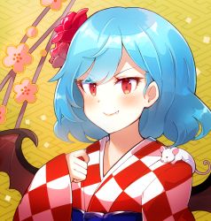 Rule 34 | 1girl, 60mai, bat wings, blue hair, blush, checkered clothes, checkered kimono, commentary request, fang, fang out, flower, hair flower, hair ornament, hand up, japanese clothes, kimono, long sleeves, looking at viewer, mouse (animal), no headwear, red eyes, red flower, red kimono, red rose, remilia scarlet, rose, short hair, smile, solo, touhou, upper body, v-shaped eyebrows, white kimono, wide sleeves, wings, yellow background