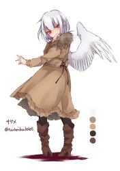 Rule 34 | 1girl, alternate costume, black legwear, boots, coat, color guide, contemporary, fishnets, from behind, full body, kishin sagume, long sleeves, looking at viewer, looking back, md5 mismatch, red eyes, resized, resolution mismatch, short hair, silver hair, simple background, single wing, solo, source larger, touhou, toutenkou, twitter username, white background, wings