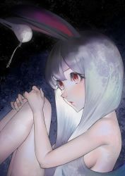 Rule 34 | 1girl, animal ears, breasts, closed mouth, feet out of frame, food, fork, from side, hair over shoulder, hand on own knee, hands on own legs, knees up, lips, long hair, looking away, mi8pq, mochi, nude, original, purple hair, rabbit ears, red eyes, sideboob, silver hair, sitting, solo, star (sky)