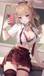 1girl animal_ears blue_eyes blush bra bra_peek breasts cat_ears cat_tail desk dutch_angle earrings facial_mark final_fantasy final_fantasy_xiv heart heart_earrings heart_necklace holding holding_phone indie_virtual_youtuber jewelry kaiyoko_star large_breasts light_brown_hair long_hair looking_at_viewer midriff miqo&#039;te necklace panties pantyshot phone pleated_skirt ponytail red_bra school_desk second-party_source shirt single_thighhigh skirt solo soybean_(hisoybean) tail thigh_strap thighhighs tied_shirt underwear virtual_youtuber whisker_markings white_shirt