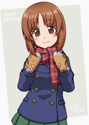 Rule 34 | 1girl, animal print, bear print, birthday, boko (girls und panzer), brown eyes, brown hair, brown mittens, buttons, character name, closed mouth, commentary, cowboy shot, dated, double-breasted, english text, fringe trim, girls und panzer, goriate, green skirt, grey background, highres, jacket, long sleeves, looking at viewer, miniskirt, mittens, nishizumi miho, ooarai school uniform, outside border, plaid, plaid scarf, pleated skirt, red scarf, scarf, school uniform, short hair, skirt, smile, solo, standing, winter uniform