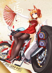 Rule 34 | 10s, 1girl, 2014, animal ears, black thighhighs, breasts, character name, china dress, chinese clothes, chinese new year, chinese text, dress, elbow gloves, fatkewell, flower, foreshortening, fox ears, fox tail, gloves, hair flower, hair ornament, hand fan, high heels, lace, lace-trimmed legwear, lace trim, legs, motor vehicle, motorcycle, orange hair, original, purple eyes, rika eastre, sitting, smile, tail, thighhighs, vehicle, white gloves