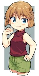 Rule 34 | 1girl, bachera, bare arms, bare shoulders, blue eyes, blush, breasts, brown hair, closed mouth, commentary request, cropped legs, green shorts, grey background, haibara ai, hand on own hip, hand up, highres, looking at viewer, meitantei conan, red shirt, shirt, short hair, short shorts, shorts, sleeveless, sleeveless shirt, small breasts, smile, solo, two-tone background, white background