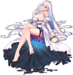 Rule 34 | 1girl, absurdly long hair, ark order, bare legs, barefoot, blue hair, blush, breasts, bridal garter, cleavage, crossed legs, detached sleeves, dress, feet, fish, gold, grin, hair between eyes, head tilt, jewelry, large breasts, long hair, lucetia (ark order), multicolored hair, necklace, official art, parted lips, puffer fish, puffy short sleeves, puffy sleeves, red eyes, ring, short sleeves, sidelocks, silver hair, sitting, smile, solo, strapless, strapless dress, transparent background, very long hair, wavy hair, white dress, you ni ge shaobing