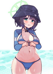 Rule 34 | 1girl, absurdres, ancortsu, black hat, blue archive, breasts, commentary, cowboy shot, english commentary, green eyes, green halo, halo, hat, highres, large breasts, long sleeves, looking at viewer, navel, official alternate costume, purple hair, raglan sleeves, rash guard, saki (blue archive), saki (swimsuit) (blue archive), short hair, solo