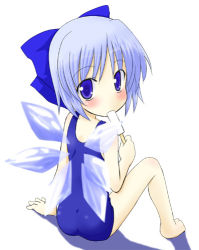 Rule 34 | 1girl, blue eyes, blue hair, blush, bow, cirno, female focus, food, kazami ruku, lowres, matching hair/eyes, one-piece swimsuit, popsicle, school swimsuit, short hair, solo, swimsuit, touhou, wings
