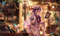 Rule 34 | 1girl, blue bow, book, bookshelf, bow, branch, broken glass, bug, butterfly, capelet, commentary, cowboy shot, cup, dated, dress, flower, frilled capelet, frilled sleeves, frills, from side, glass, hair bow, hat, hat ribbon, holding, holding book, holding lantern, indoors, insect, lantern, light particles, long hair, long sleeves, mob cap, mug, ninjinshiru, patchouli knowledge, pink flower, profile, purple capelet, purple dress, purple eyes, purple hair, purple hat, red bow, red ribbon, ribbon, sidelocks, smile, solo, standing, teacup, touhou, wide sleeves, window