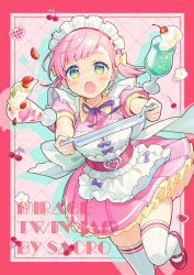Rule 34 | 1girl, apron, aqua eyes, artist name, belt, blue eyes, blush, border, bow, breasts, buckle, cherry, clumsy, collared dress, colorful, commentary, cup, dress, drink, drinking glass, english text, falling, food, frilled apron, frilled dress, frills, fruit, gradient eyes, green eyes, grid background, hair bow, heart, heart-shaped buckle, highres, holding, holding tray, ice cream, looking ahead, looking at viewer, maid, maid apron, maid headdress, medium breasts, multicolored background, multicolored eyes, neck ribbon, open mouth, original, outside border, petticoat, pink border, pink dress, pink footwear, pink hair, puffy short sleeves, puffy sleeves, purple bow, purple ribbon, red footwear, ribbon, sakuro, shadow, short hair, short sleeves, sleeve cuffs, socks, solo, spilling, strawberry, tray, walking, white apron, white headdress, white socks, yellow belt, yellow bow, yellow collar, yellow eyes