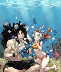 Rule 34 | 1boy, 1girl, air bubble, bad id, bad tumblr id, bikini, black hair, black male swimwear, black swim trunks, blue hair, blush, breasts, breath, bubble, caustics, claws, eyebrow piercing, fairy tail, freediving, gajeel redfox, gradient background, highres, holding breath, levy mcgarden, male swimwear, nature, navel, nose piercing, piercing, plant, rusky, shell, small breasts, spiked hair, swim trunks, swimsuit, topless male, underwater