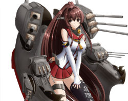 Rule 34 | 1girl, anchor, asymmetrical legwear, bare shoulders, black legwear, breasts, brown eyes, brown hair, cannon, collar, detached sleeves, female focus, hair intakes, headgear, kantai collection, large breasts, long hair, looking at viewer, matching hair/eyes, own hands together, pleated skirt, ponytail, red skirt, rigging, simple background, skirt, sleeves past wrists, smile, smokestack, solo, thighs, turret, uneven legwear, upper body, very long hair, white background, yamato (kancolle), yuuk33