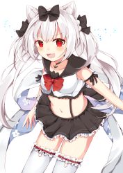 Rule 34 | 1girl, :d, animal ear fluff, animal ears, azur lane, bare shoulders, black bow, black sailor collar, black skirt, blush, bow, breasts, cat ears, commentary request, fang, frilled skirt, frilled thighhighs, frills, hair bow, long hair, looking at viewer, maki soutoki, midriff, navel, open mouth, pleated skirt, red eyes, sailor collar, shirt, silver hair, skirt, sleeveless, sleeveless shirt, small breasts, smile, solo, thighhighs, twintails, very long hair, white background, white shirt, white thighhighs, yukikaze (azur lane)
